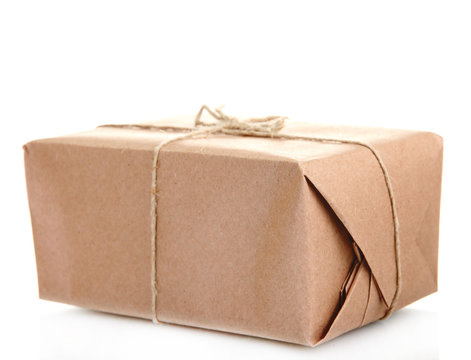parcel box with kraft paper, isolated on white