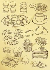 set of hand drawing  cakes and cookies