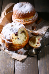 Tasty cakes on table close-up
