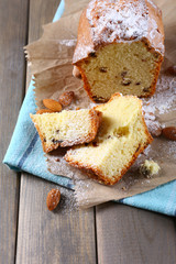 Tasty cake on table close-up