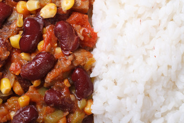 Mexican food is chili con carne and rice macro horizontal