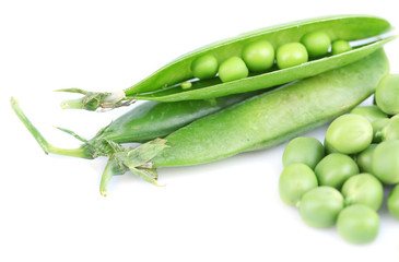 Fresh green peas isolated on white background