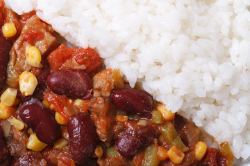 chili con carne and rice macro horizontal top view details