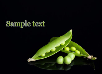 Fresh green peas isolated on black background
