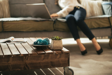 Closeup on coffee table and woman using laptop in background