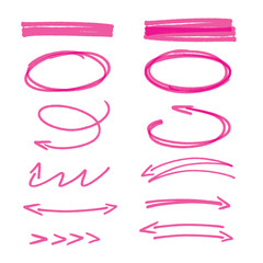 set of pink hand drawn arrows signs and highlighting elements