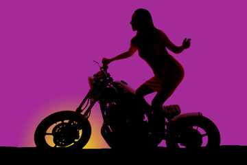 Fototapeta na wymiar silhouette woman stand on motorcycle land back look forward