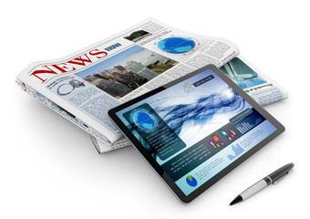 daily newspaper, tablet and pen