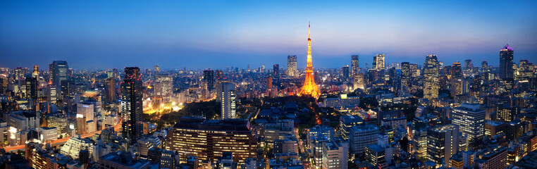Naklejka premium Panorama Tokio w nocy
