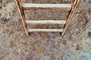 Wooden ladders in the muddy dirt