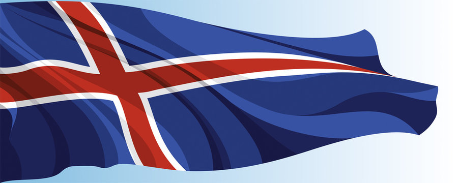The national flag of the Iceland on a background of blue sky