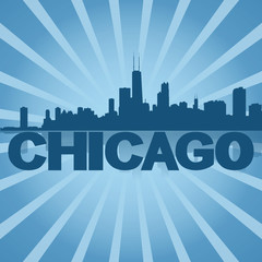 Chicago skyline reflected with blue sunburst illustration