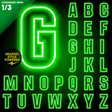 Abstract neon tube alphabet for light board. Condensed Green