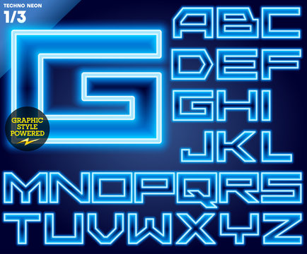 Abstract neon tube alphabet for light board. Techno Blue