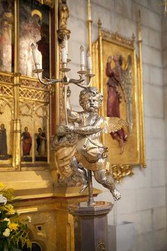 Golden altar in Santa Maria la Real de La Almudena, Spain 