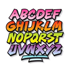Foto op Plexiglas Graffiti Heldere cartoon komische graffiti doodle lettertype alfabet. Vector