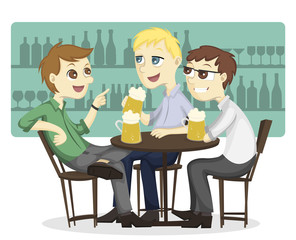 Obraz premium Three male employee enjoy drinking beer on a bar Illustration