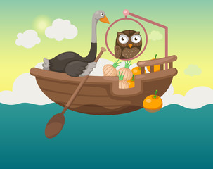 ship in the sea with owl and ostrich