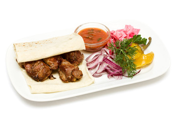 Grilled pork, bbq meat and vegetables