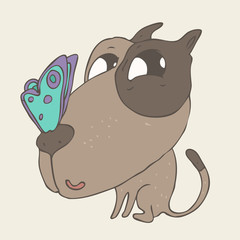 cute puppy dog with butterfly on nose, pet, vector illustration
