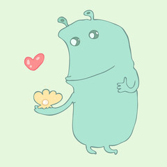 cute cartoon monster with pearl and love, vector illustration