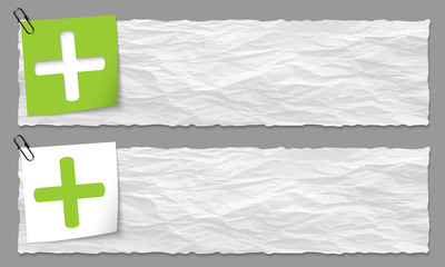 set of two banners with crumpled paper and plus symbol - obrazy, fototapety, plakaty