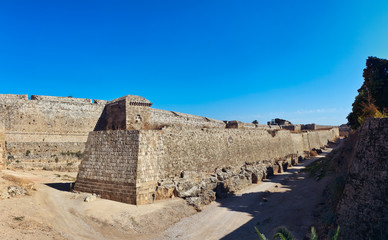 Fototapeta na wymiar Medieval castle external wall, Rhodes town, Greece