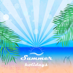 Fototapeta na wymiar Summer holidays background in retro style with palms