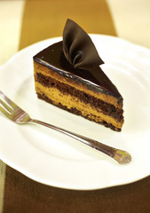 close up chocolate cake on white dish