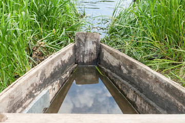 Boat on the river with the reflected by clouds.