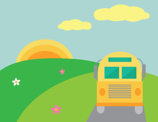 Bus on the summer landscape with sun