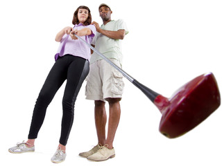 golf instructor with a teenager student on white background