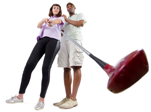 golf instructor with a teenager student on white background