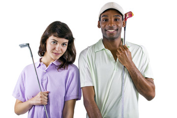 golf instructor with a teenager student on white background