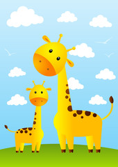 Funny giraffes on meadow background