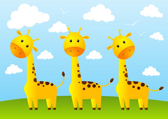 Funny giraffes on meadow background