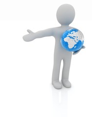 3d people - man, person presenting - pointing. Global concept wi
