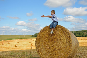 Naklejka na ściany i meble young boy sitting on haystack
