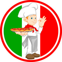boy chef cartoon holding pizza