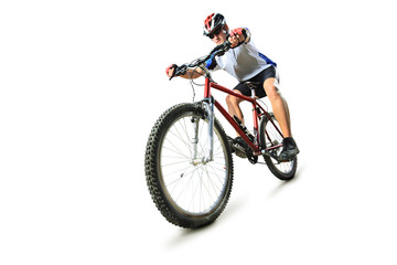 Fototapeta Male cyclist riding a mountain bike obraz