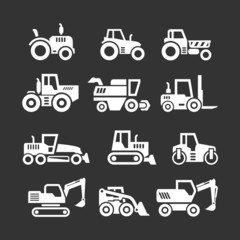 Fototapeta na wymiar Set icons of tractors, farm and buildings machines