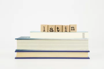 Printed kitchen splashbacks Algeria latin language word on wood stamps and books