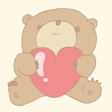 cute bear (teddy-bear) with a toy heart, vector illustration