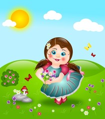 Obraz na płótnie Canvas Girl with bouquet on meadow