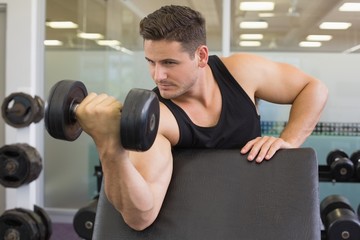 Fototapeta na wymiar Focused bodybuilder lifting heavy black dumbbell