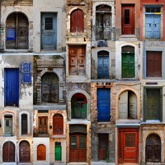 Collection of weathered doors in the old town of Chania