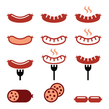 Sausage, grilled, with fork colorful icons set