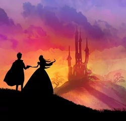 Fototapeten Zauberschloss und Prinzessin mit Prinz © diavolessa
