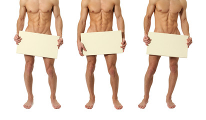 Three Naked Men Covering with a Blank Sign © Vladimir Wrangel