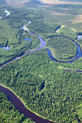 Top view on forest river